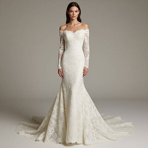Photograph of a slender woman with long dark hair, wearing an off-shoulder, lace, long-sleeve, form-fitting white wedding