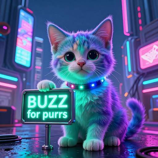 Neon-lit cybercity: Adorable, glowing blue and pink tabby kitten with a neon collar holds 