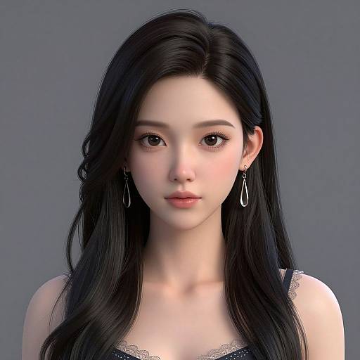 Digital 3D portrait of an East Asian woman with long black hair, fair skin, wearing black lace top and teardrop earrings, against a