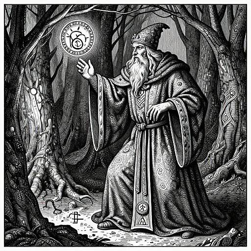 Medieval Engraving of Wizard Casting Spells