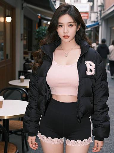 Photograph of an Asian woman with long black hair, wearing a black puffer jacket with 