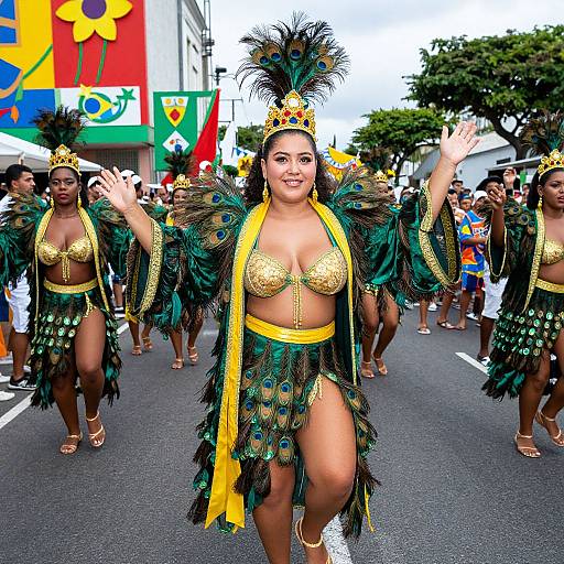 Photograph of a vibrant, brown-skinned woman in a peacock-themed, gold and green costume, waving during a colorful street parade, with other