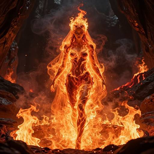 Photograph of a fiery, ethereal woman with long, flowing flames for hair and body, standing in a blazing, rocky cavern.