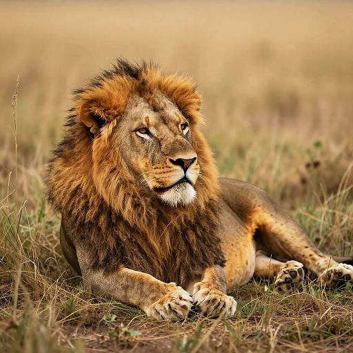 Photograph of a majestic male lion with a thick, golden-brown mane, lying in tall, dry grass, gazing alertly into the distance