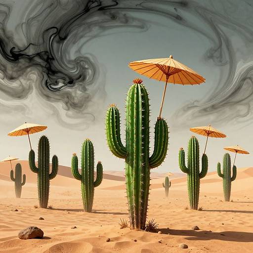 Desert scene with tall green cacti, orange parasols, swirling dark clouds, and sandy dunes under a bright sky. Surreal digital