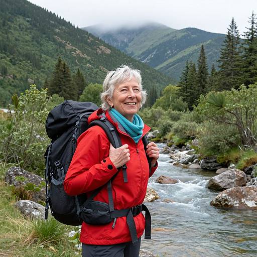 Smiling elderly woman with short white hair, red jacket, blue scarf, and black backpack standing by a mountain stream, surrounded by greenery. Photograph