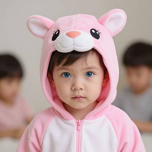 Photograph of a young Asian boy with blue eyes, wearing a pink bear hood with ears and a white zipper front. Blurred background includes two other