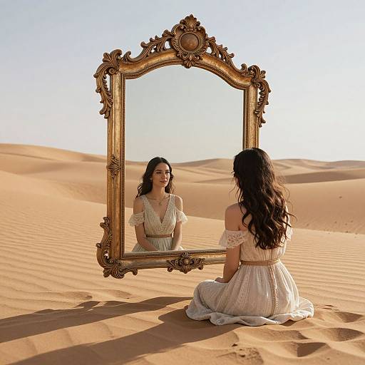 Photograph of a woman with long dark hair, in a white off-shoulder dress, sitting in a desert, facing an ornate gold mirror