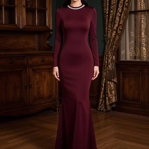 Photograph of a woman in a form-fitting, long-sleeved, dark burgundy evening gown, standing in an elegant, wood-paneled