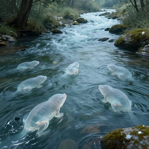 Photograph of translucent white fish swimming in a clear, flowing forest stream with rocks and moss, under soft, dappled sunlight.