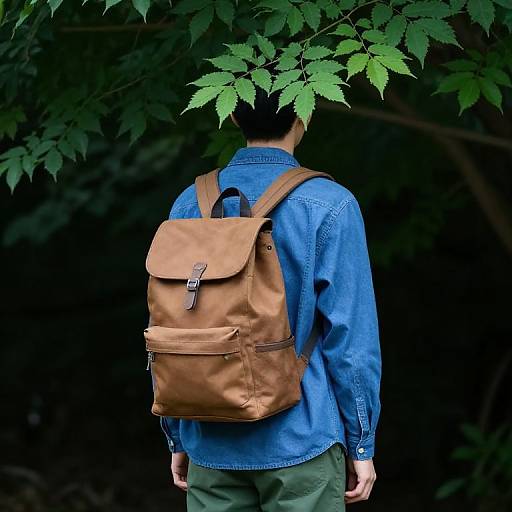 Photograph of a man from behind, wearing a blue denim jacket, green pants, and a brown leather backpack, standing under lush green leafy branches