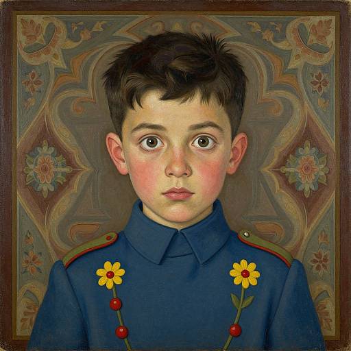 Digital painting of a young boy with wide eyes, short dark hair, wearing a blue uniform with yellow flowers, against an ornate, floral-patterned