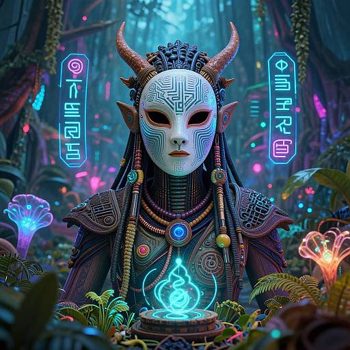 Digital artwork of an ethereal, masked figure with horns, intricate jewelry, and glowing runes, holding a blue flame in a neon-lit, mystical