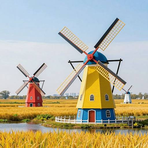 Whimsical Vibrant Windmill Landscape