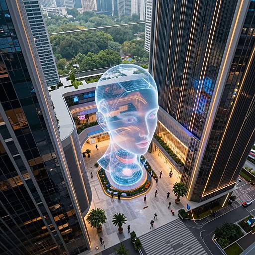 Aerial photograph of a glowing, transparent, holographic human head sculpture in a city square, surrounded by tall, reflective skyscrapers.