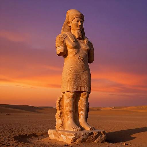 Photograph of an ancient Egyptian stone statue with a headdress, detailed dress, and arms raised, set in a desert at sunset, with a vivid
