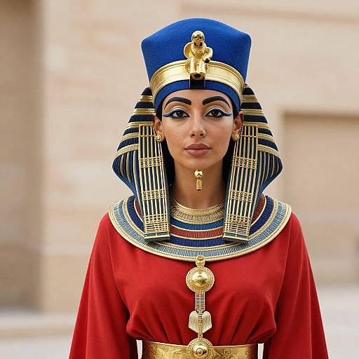 Photograph of a young woman in an Egyptian queen's attire: blue and gold headdress, striped headpiece, red dress, gold necklace, and