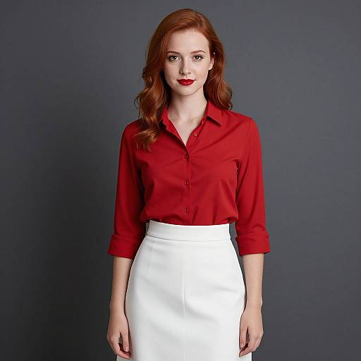 Photograph of a fair-skinned woman with red hair, wearing a red button-up shirt and white high-waisted skirt, standing against a dark