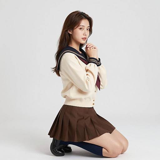 Asian Woman in Sailor-Style Outfit