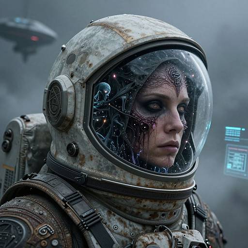Cyberpunk astronaut with blood-streaked face, reflective helmet, and worn space suit, standing against a foggy, tech-filled background, with