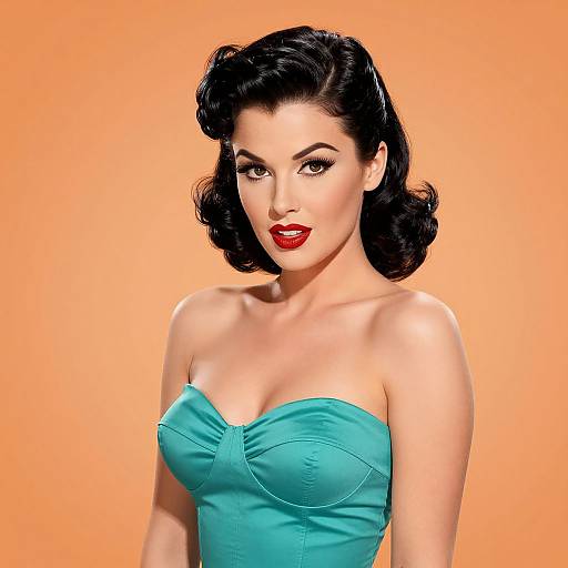 Digital illustration of a vintage-style woman with dark wavy hair, red lipstick, and a turquoise strapless dress against an orange background.
