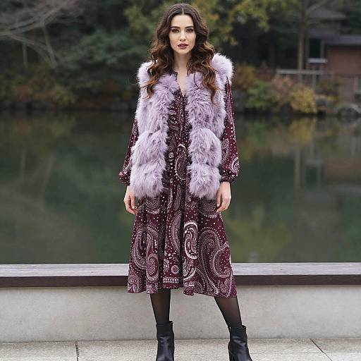 Photograph of a woman with long brown hair, wearing a purple patterned dress, light gray fur vest, black tights, and black boots,