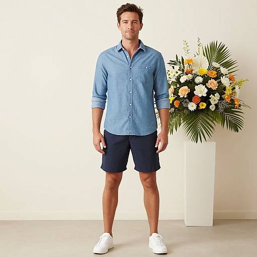 Photograph of a handsome, fit man in a blue button-up shirt, dark shorts, and white sneakers, standing next to a large, vibrant floral