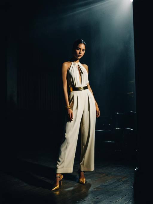 Elegant Woman in Cream Jumpsuit