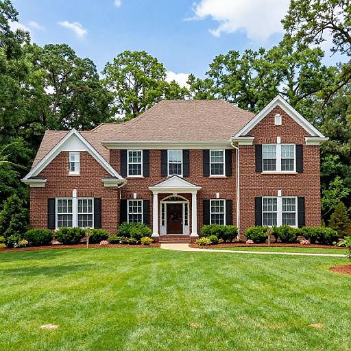 Photograph of a red-brick, two-story colonial house with white trim, black shutters, and a brown shingle roof, surrounded by lush