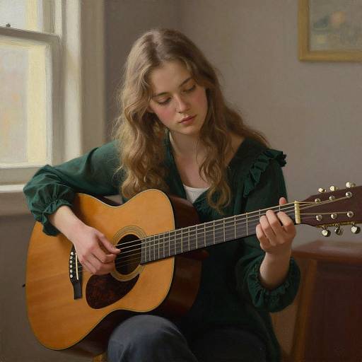 Photograph of a young woman with long brown hair, playing an acoustic guitar in a softly lit room, wearing a green jacket and white shirt.
