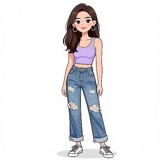 Digital illustration of a young woman with long brown hair, wearing a purple crop top, ripped blue jeans, and white sneakers, standing against a white background
