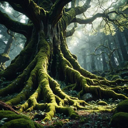 Ancient Tree with Glowing Moss in Ethereal Forest