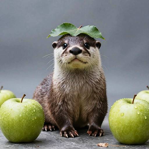 Otter with Leaf on Head and Green Apples