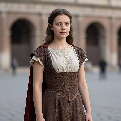 Photorealistic CGI of a young woman with fair skin, brown hair in a braid, wearing a brown medieval dress over a white blouse, standing