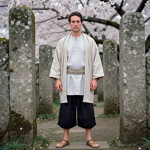 Serene Man Amid Cherry Blossoms