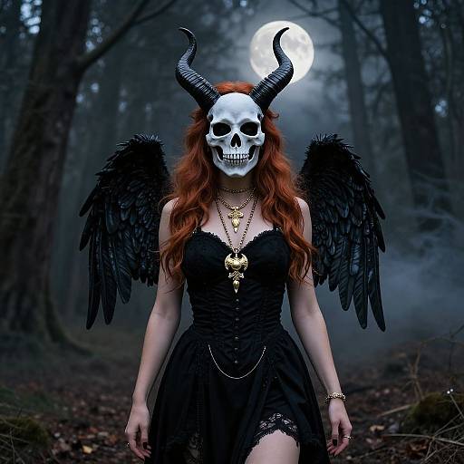 Photograph of a woman with a white skull mask, black wings, red hair, black dress, and gold jewelry, standing in a foggy forest