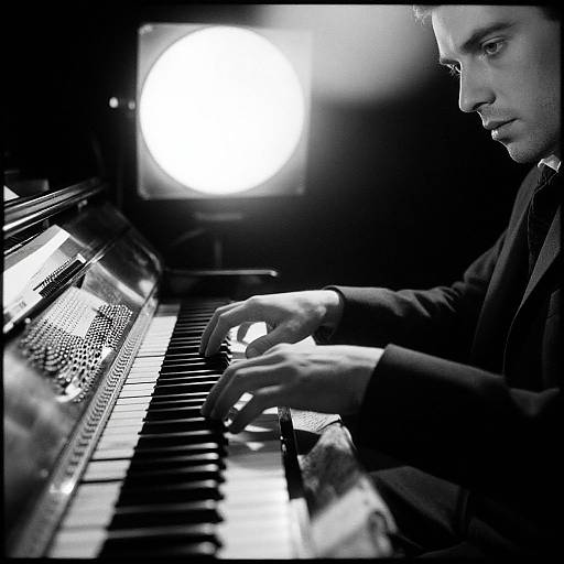 Black-and-white photograph of a focused male musician playing a piano, illuminated by a bright circular light source in the background.