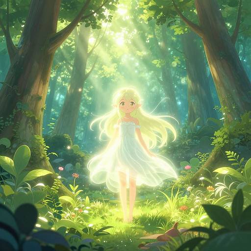 Bright anime girl with glowing yellow hair and dress stands in sunlit forest clearing surrounded by lush greenery and flowers.