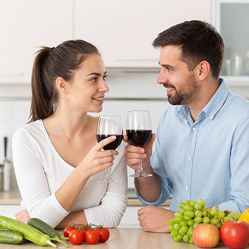 Photograph of smiling couple toasting with red wine glasses in a bright kitchen, surrounded by fresh vegetables and fruits on the table.