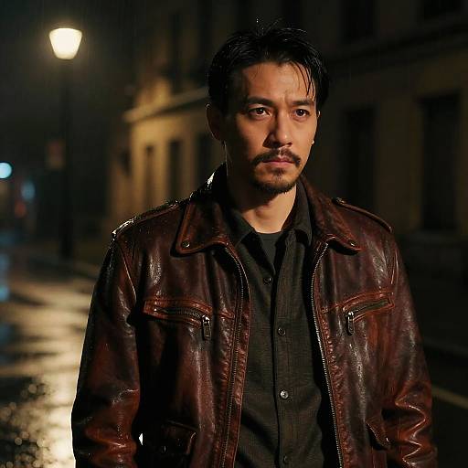 Photograph of a serious-looking Asian man with short black hair and a beard, wearing a dark leather jacket over a black shirt, standing on a dim