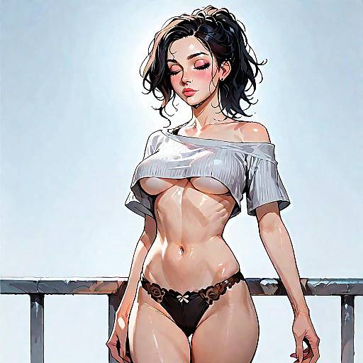 Stylized Woman in Crop Top and Floral Bikini Bottoms