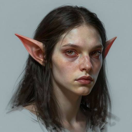 Digital portrait of a pale-skinned, elven woman with long black hair, pointed red ears, and intense brown eyes, set against a light blue