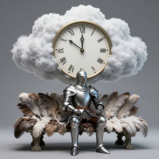 Photorealistic digital art: armored knight with helmet, sitting on feathered bench, large clock in cloudy sky background, gray gradient backdrop.