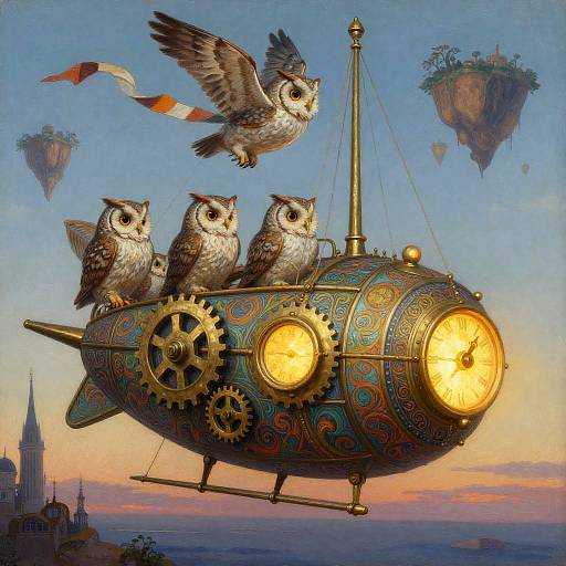 Art Nouveau Clockwork Airship Owls