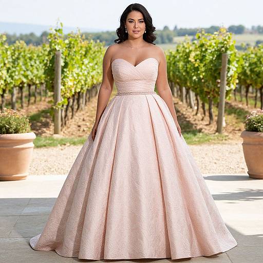 Photograph of a curvy, dark-haired woman in a strapless, pink, textured ball gown standing in a vineyard with green vines and terr