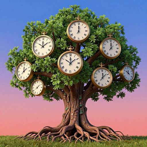Surreal 3D Tree with Clocks