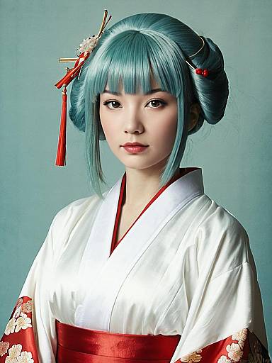 Woman Wearing Traditional Kimono with Ganyu Wig
