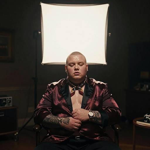 Brooding Plus-Size Man in Silk Jacket with Softbox Lighting