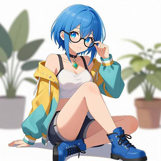 Anime Girl with Blue Hair and Glasses