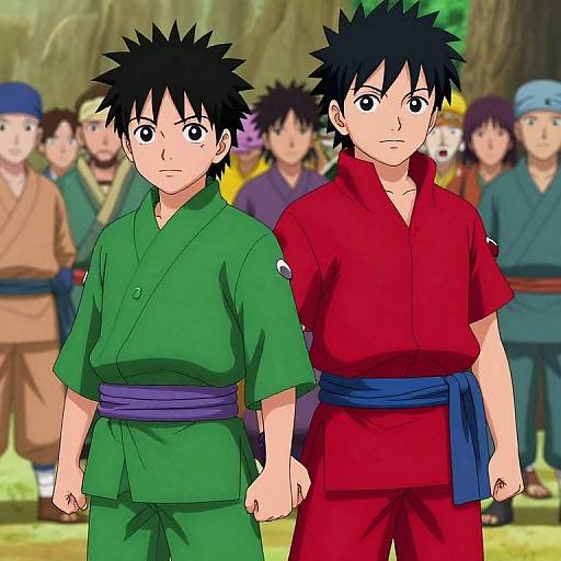 Digital anime-style illustration of two young men with spiky black hair, wearing green and red martial arts uniforms, standing side-by-side in front of a